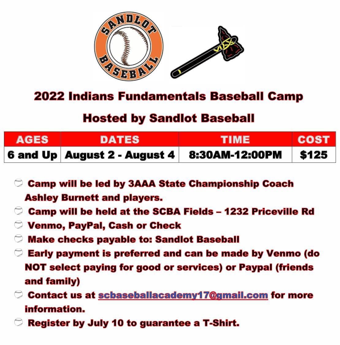 SCBaseballAcad's tweet image. Sandlot Baseball is excited to be hosting the 2022 Indians Fundamentals Baseball Camp. Camp will be held on August 2-4 from 8:30AM-12:00PM. Cost is $125. Once registration is complete you will receive an email with payment information. 
Sign up here! forms.gle/uoVgnGHCkUEP6g…