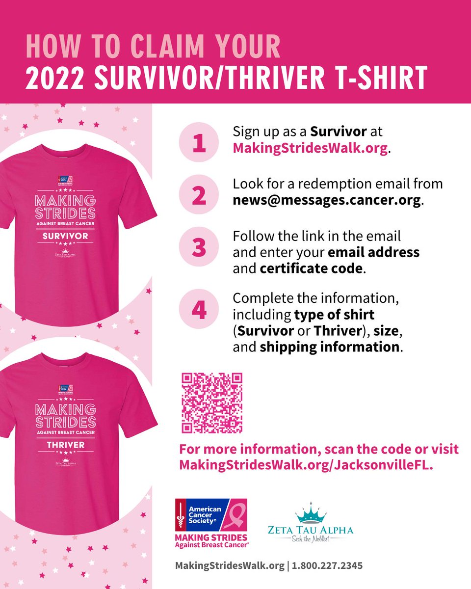msabcjax's tweet photo. How to claim your 2022 SURVIVOR/THRIVER Making Strides Against Breast Cancer T-Shirt! #FirstCoastStrides #MakingStridesAgainstBreastCancer #NationalCancerSurvivorsMonth https://t.co/HBMSsVFegU