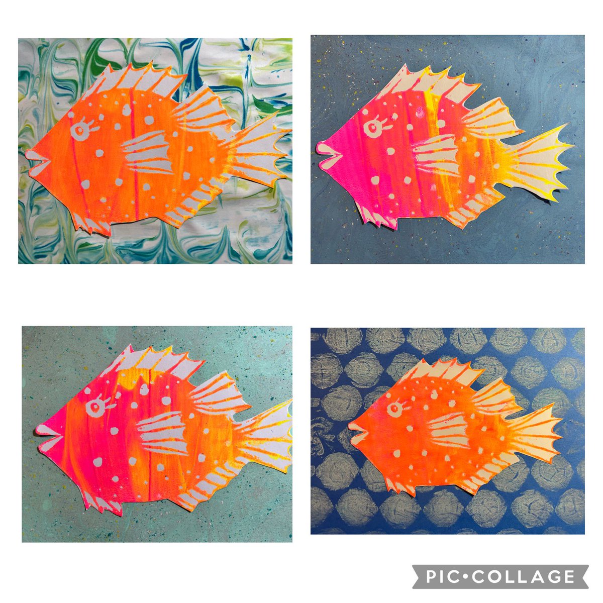 FE_ArtClass's tweet photo. Thank you @MsBennettArt for leading us today in SUNsational Printmaking! I created silk screen prints using a cardboard frame, shower curtain and ModPodge (mushroom prints), an embroidery hoop (fish) and a traditional silk screen (Make Art!) #artPD @VisualArtHumble @HumbleISD_FE https://t.co/0ts3l2WG5Q