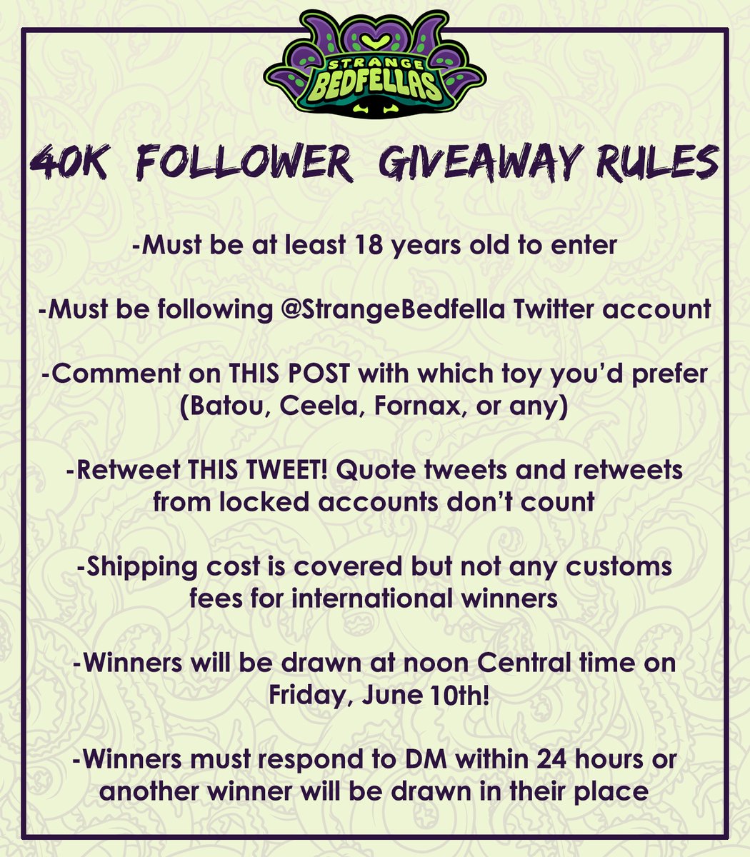 strangebedfella's tweet image. Oh my! It&apos;s time for a GIVEAWAY! We&apos;ve passed 40K followers by now, but it&apos;s still a milestone I&apos;d like to celebrate! 
Read this thread then comment on and retweet THIS tweet to enter!

We&apos;ll draw one winner for each toy at noon on June 10th!

Thanks for all the love 💖