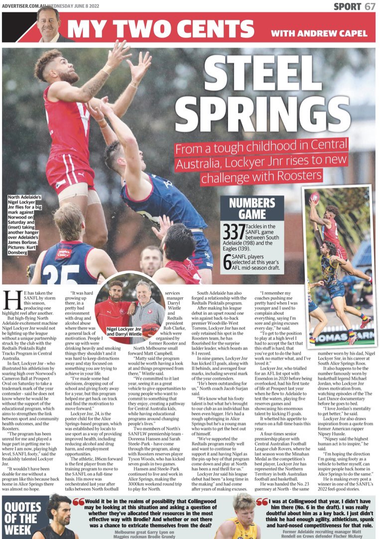 andrewcapel's tweet photo. Steel Springs: Why @NorthAdelaideFC’s Nigel Lockyer Jnr has become one of the @SANFL’s 2022 success stories. In today’s @theTiser https://t.co/N3VNErNCsI