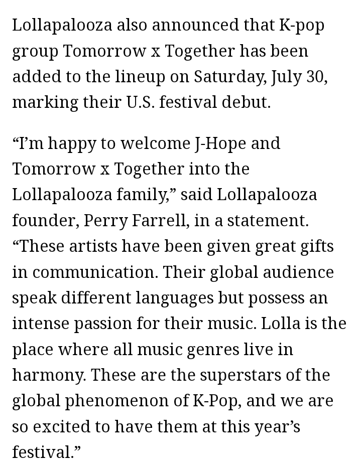 heeseungcokr's tweet photo. “I’m happy to welcome J-Hope and Tomorrow x Together into the Lollapalooza family,” said Lollapalooza founder, Perry Farrell. “These artists have been given great gifts in communication.Their global audience speak different languages but possess an intense passion for their music https://t.co/w2FG3EtYiC