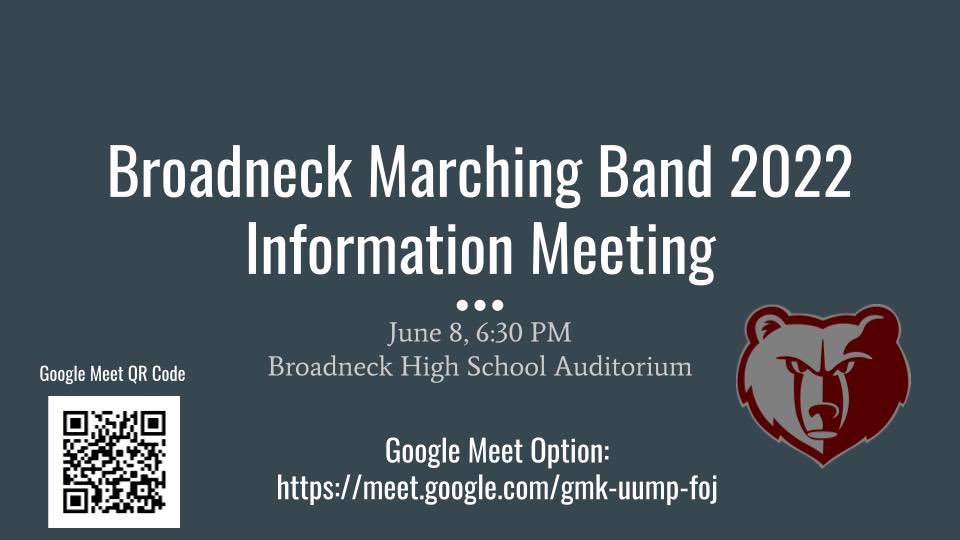 Marching Band Information Meeting!
Tomorrow NIGHT!
6:30 PM in the BHS Auditorium
Come see what will be happening during our exciting 2022 season! @aacps_PVA <a href="/BHSAACPS/">Broadneck HS</a> <a href="/BroadneckOrch/">Broadneck Orchestra</a>