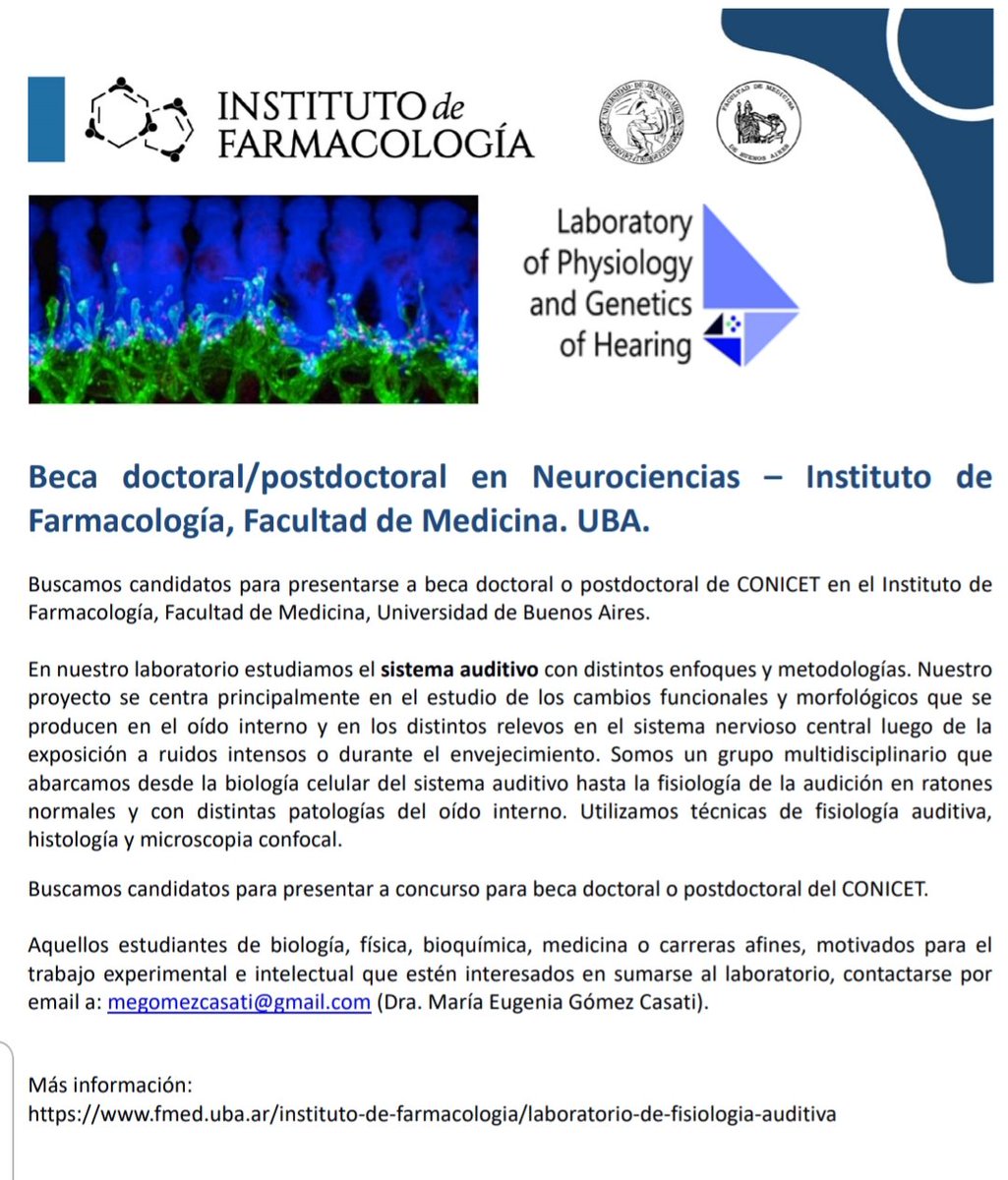 AandAImmunoLab's tweet photo. 📣📣El laboratorio de fisiología del Instituto de farmacología se encuentra en búsqueda de candidatos para presentarse a beca doctoral o postdoctoral CONICET! 📣📣
Más info en el flyer 👇
Interesados mandar mail a Dra. María Eugenia Gómez Casati: megomezcasati@gmail.com https://t.co/wXDtOp09YG