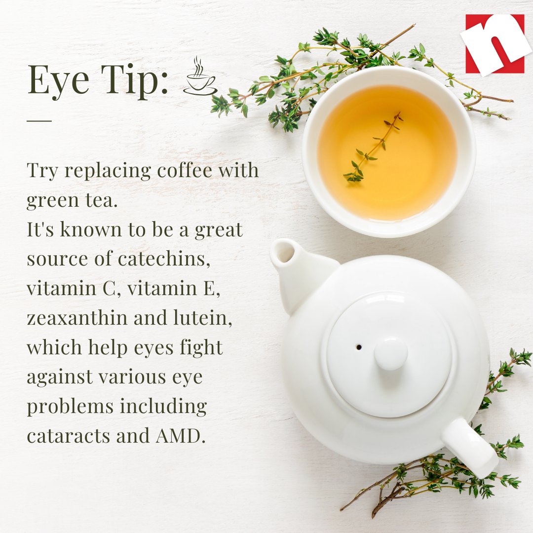 NwVisionCenters's tweet photo. Try replacing coffee with green tea!🍵 It helps with hydration, &amp; is a great source of antioxidants that help eyes fight against various eye problems including cataracts and AMD. #EyeTip

Request Appt: https://t.co/ckvi1eGJGC or 
Call 1-800-EYE-CARE https://t.co/K6Kbq2j0Sy