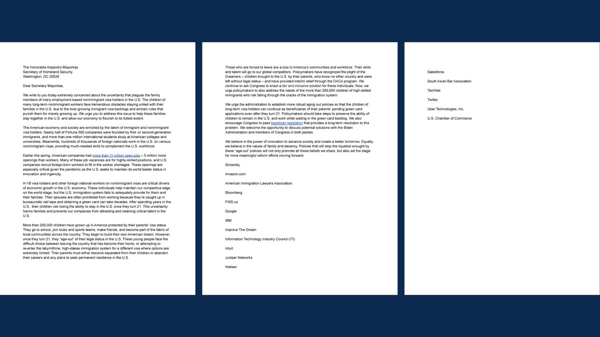 ImproveTheDream's tweet photo. Improve The Dream joined Google, Amazon, Twitter, IBM, Uber, and a group of 17 companies and organizations to urge for the protection of children of long-term visa holders from aging out. 
Administrative policy changes and the bipartisan America's Children Act can end aging out. https://t.co/9n3uGohecj