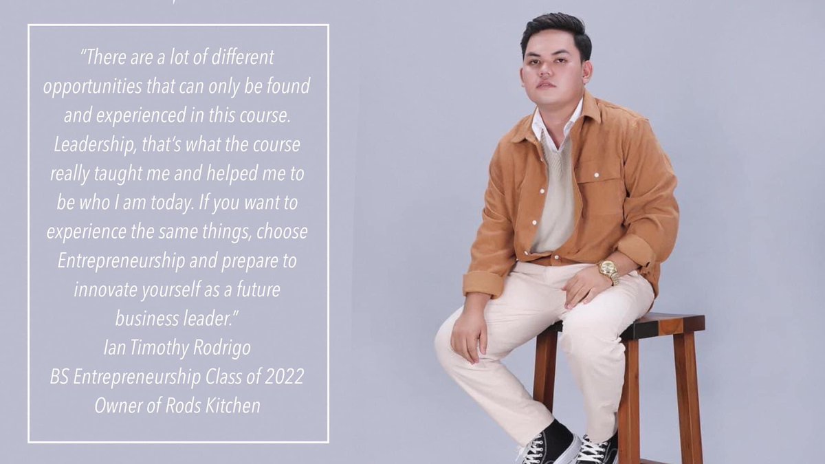 ADDU_YES's tweet photo. LOOK | Check Ian Timothy Rodrigo’s #WhyChooseEntrepreneurship, an alumni of the Ateneo de Davao University - Entrepreneurship Program.

Choose Ateneo. Be an Ateneopreneur! Enroll Now!
To learn more, visit https://t.co/DLnRsXBUJd. https://t.co/xahSg7Yury