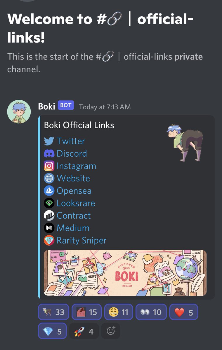 Jampzey's tweet photo. Again, super impressed with the way @BokiNFT handles our user experience, even in the Discord. I have NEVER seen an official links tab like this, and although it might be a small quality of life adjustment, it just shows how much we are cared for as Boki. We are Boki ❤️🫡☮️ https://t.co/uJ3TwiyTbH