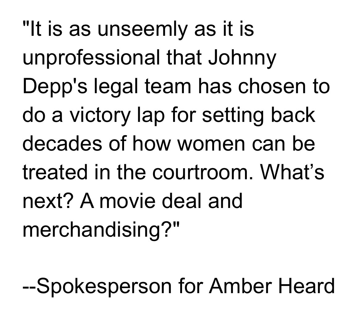 Ben Chew and Camille Vasquez will grant their first interviews to <a href="/GMA/">Good Morning America</a> tomorrow morning. Amber Heard’s statement on this below - interesting given that Elaine Bredehoft granted 2 interviews the morning after the verdict <a href="/LawCrimeNetwork/">Law&Crime Network</a> <a href="/cathyrusson/">Cathy Russon</a> <a href="/jessecordweber/">Jesse Weber</a> <a href="/KenneyBaden/">Linda Kenney Baden (she/her)</a>