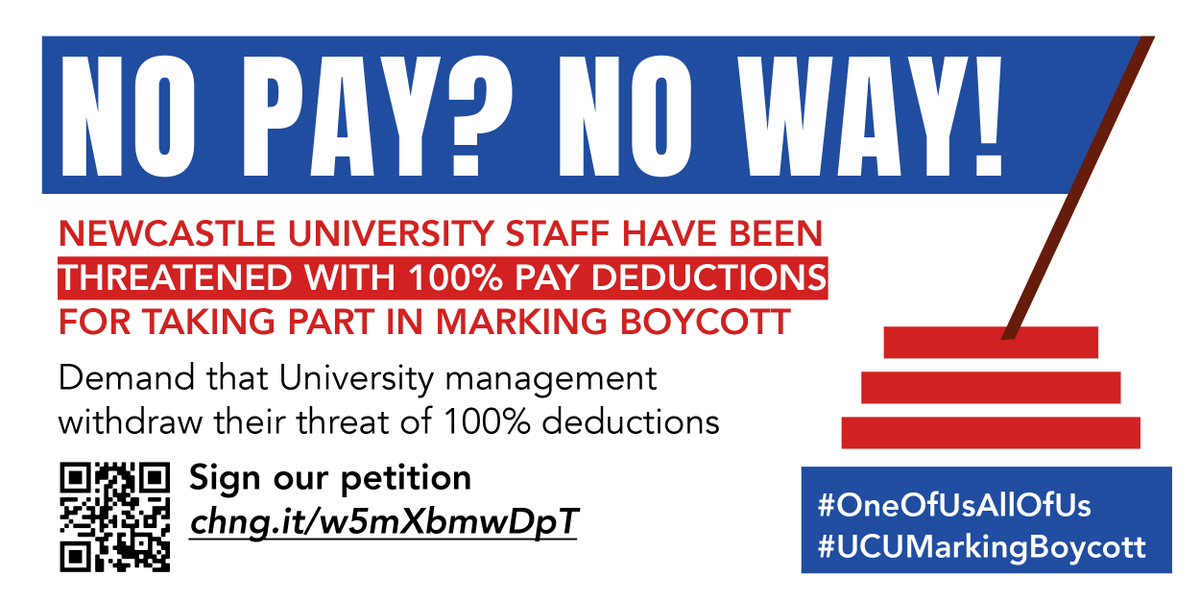 NewcastleUniUCU's tweet photo. Newcastle University staff still face threat of 100% pay deductions for taking part in the #UCUMarkingBoycott - sign the petition to show your support  #OneOfUsAllOfUs https://t.co/EBCJDTqrRV https://t.co/tOOYmMMyMo