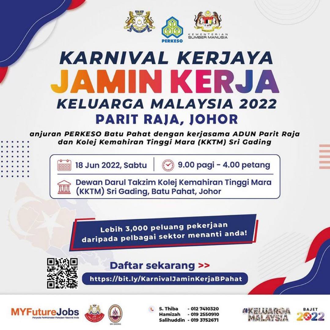 WeAreJohoreans's tweet photo. 𝗕𝗘𝗥𝗜𝗧𝗔 𝗕𝗔𝗜𝗞 𝗨𝗡𝗧𝗨𝗞 𝗢𝗥𝗔𝗡𝗚 𝗝𝗢𝗛𝗢𝗥! 📢

Karnival Kerjaya Jamin Kerja Keluarga Malaysia 2022 kini kembali di Negeri Johor!

Jom datang beramai - ramai ke Karnival Kerjaya Jamin Kerja Keluarga Malaysia 2022 😉 https://t.co/3umWBjfINJ