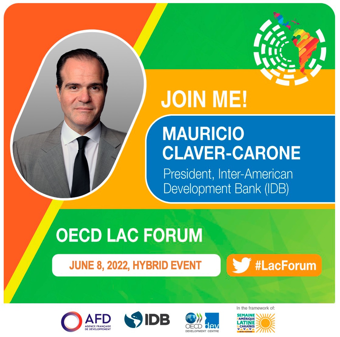 the_IDB's tweet image. Mark your calendars and join us tomorrow at 9:00 a.m. EDT for the 14th #LACForum, organized with #IDBPartners @OECD_Centre and @AFD_en to discuss how to build a #greener and more connected future for #LatinAmerica and the #Caribbean. bddy.me/390Rzlz