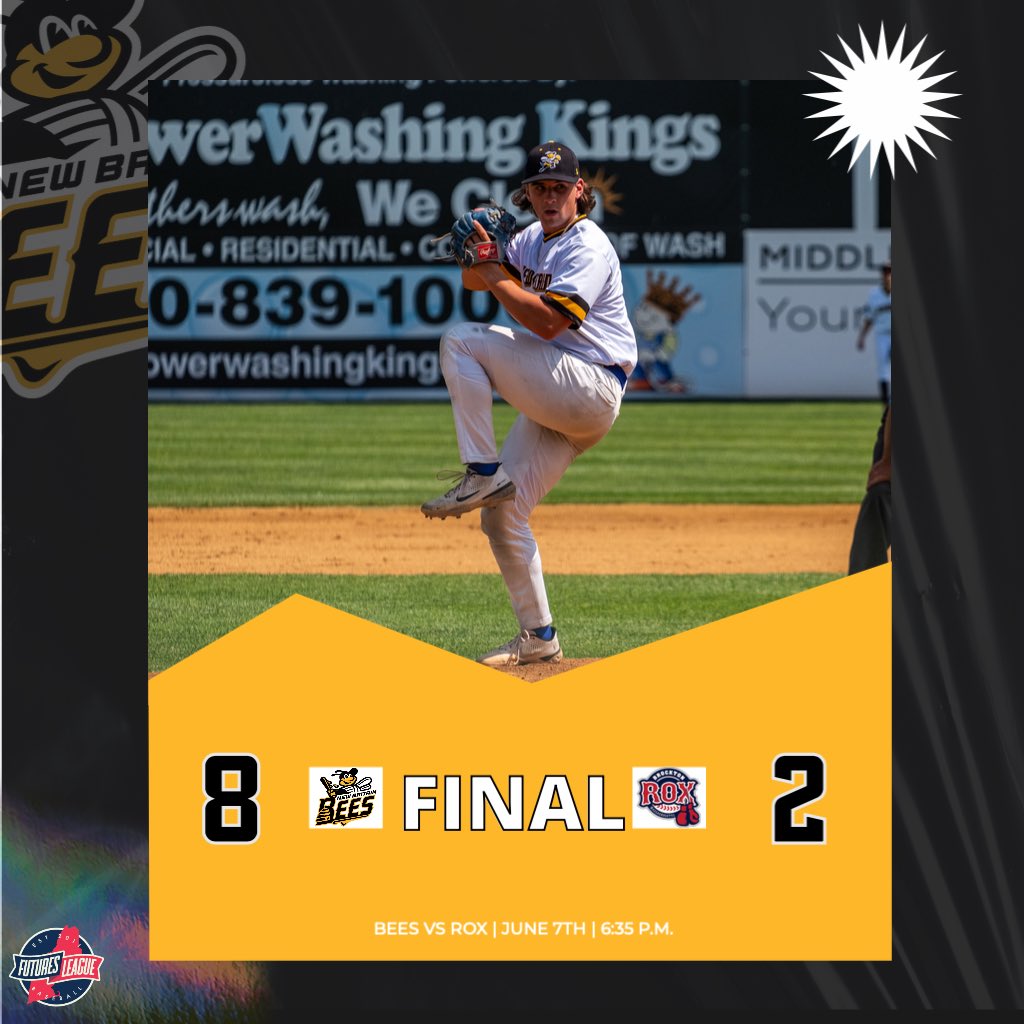 THEEEEE BEEEEEES WIN‼️ The bats were ‘buzzin tonight in New Britain against the @RoxBaseball 

TJ Wainwright (<a href="/ccsubaseball/">CCSU Baseball</a>) gets the W going 5IP, 4H, 2R and 5K’s.

 Anthony DePino (<a href="/RhodyBaseball/">Rhody Baseball</a>)goes deep driving in two runs in his 🐝 debut. 

#GoBees🐝 #FuturesLeague⚾️