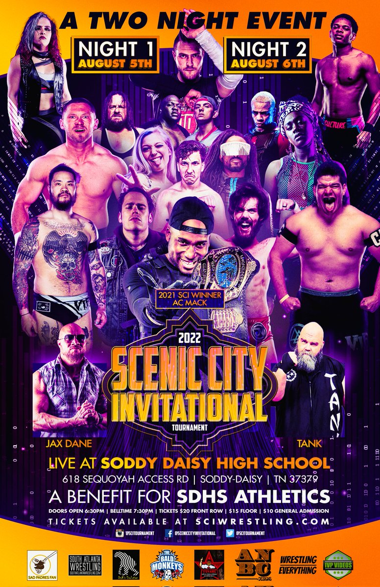 SCITournament's tweet photo. Click the poster to see all our awesome sponsors so far(at the bottom)!
@anbcdesigns 
@Lights_Out619 
@wrestling_over 
@DnAsEvolution 
@jeremynickerson 
@IVPvideos 
@TheBaldMonkeys 
@S_ATL_Wrestling 

DM for sponsorship opportunities or visit https://t.co/jMFuwxDawZ for tickets! https://t.co/EzKNFFG5ot