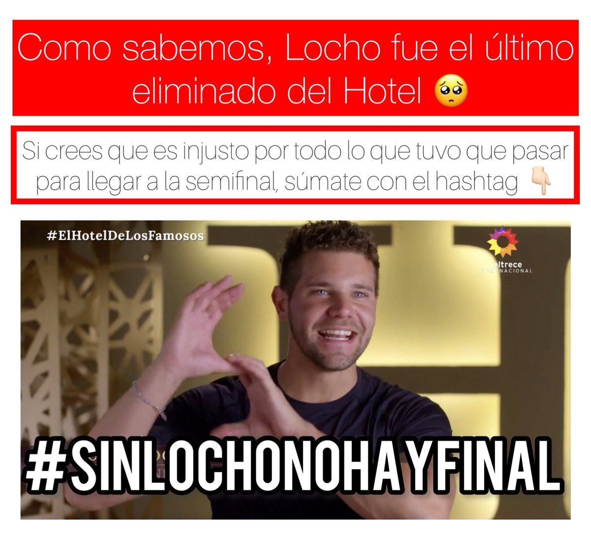 Cantando_Trivia's tweet photo. ¡YA YA YA! 

Si estás en contra del bullying a Locho y crees que si o si tiene que llegar a la final por todo lo que banco 👇🏻 

Dale RT y twittea con el hashtag: #SinLochoNoHayFinal 

#ElHotelDeLosFamosos https://t.co/5zfBwuxhfv