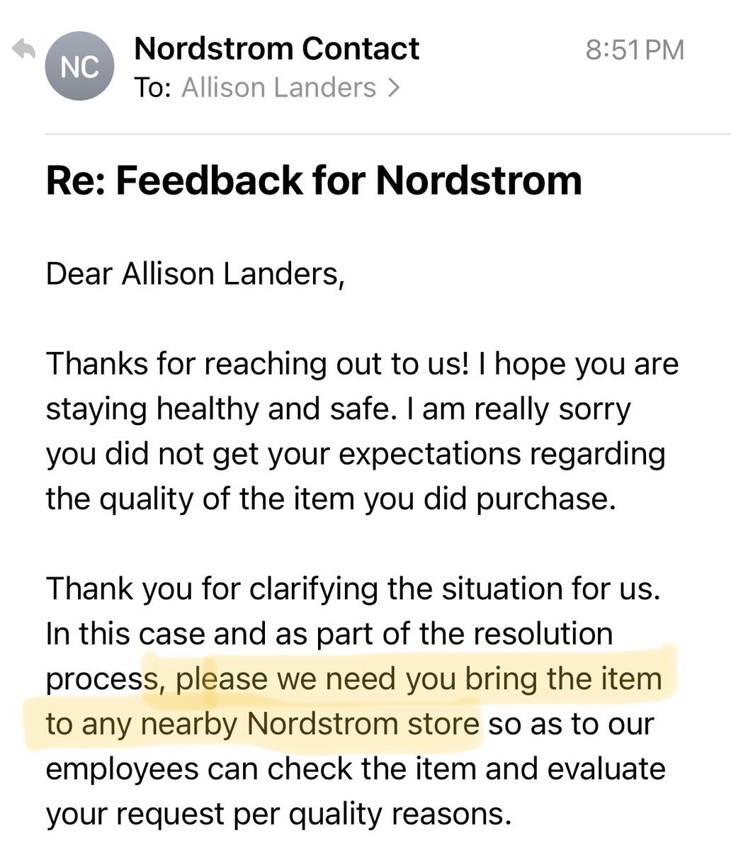 AllisonLanders's tweet photo. @Nordstrom Two confusing and frustrating responses. The closest store is 45 minutes+ away which is why I shop online! https://t.co/PQZ0WGHgg7