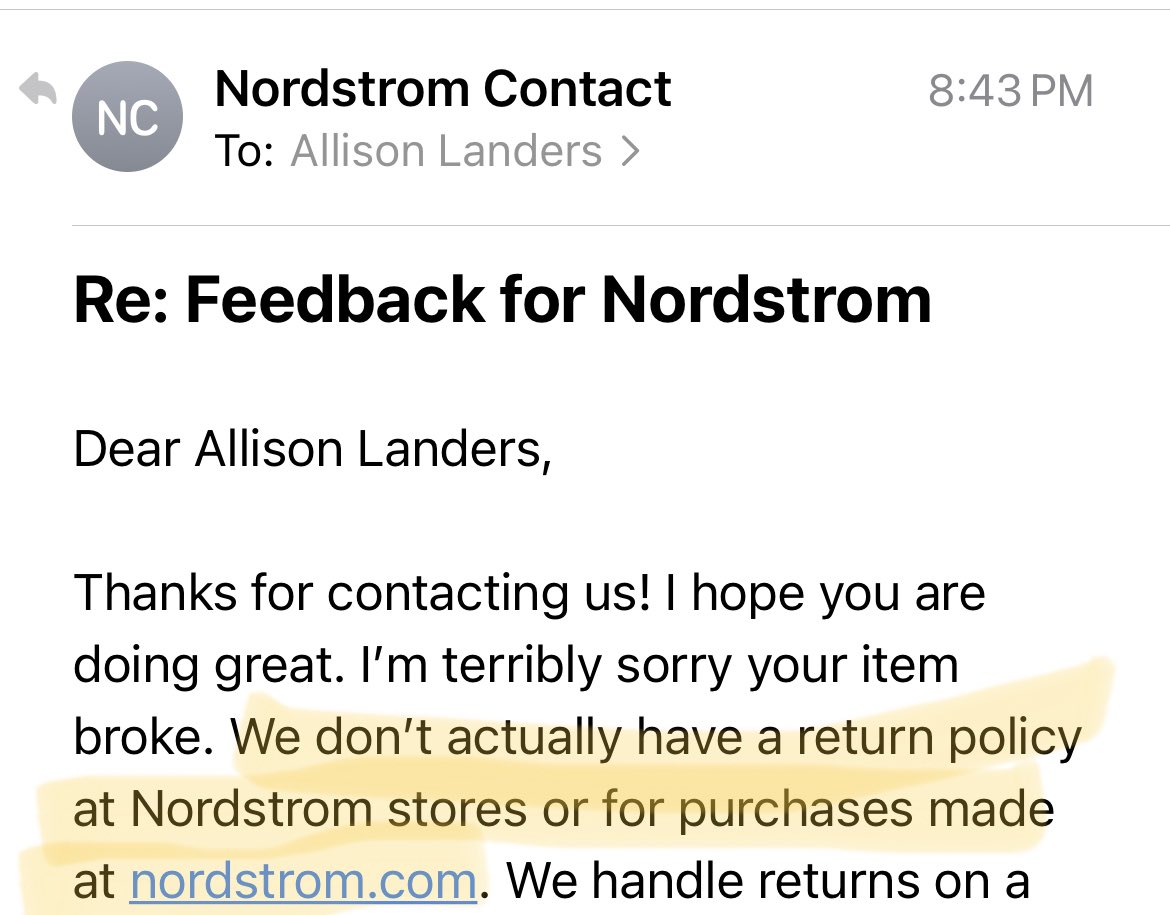 AllisonLanders's tweet photo. @Nordstrom Two confusing and frustrating responses. The closest store is 45 minutes+ away which is why I shop online! https://t.co/PQZ0WGHgg7