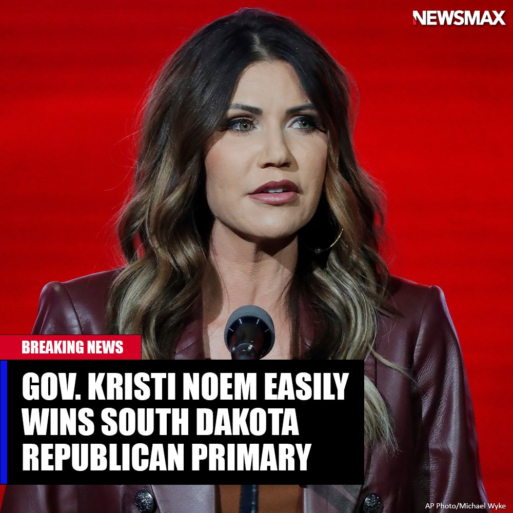 NEWSMAX's tweet image. BREAKING: South Dakota Governor @KristiNoem handily won her Republican primary Tuesday night. bit.ly/3avVGXf