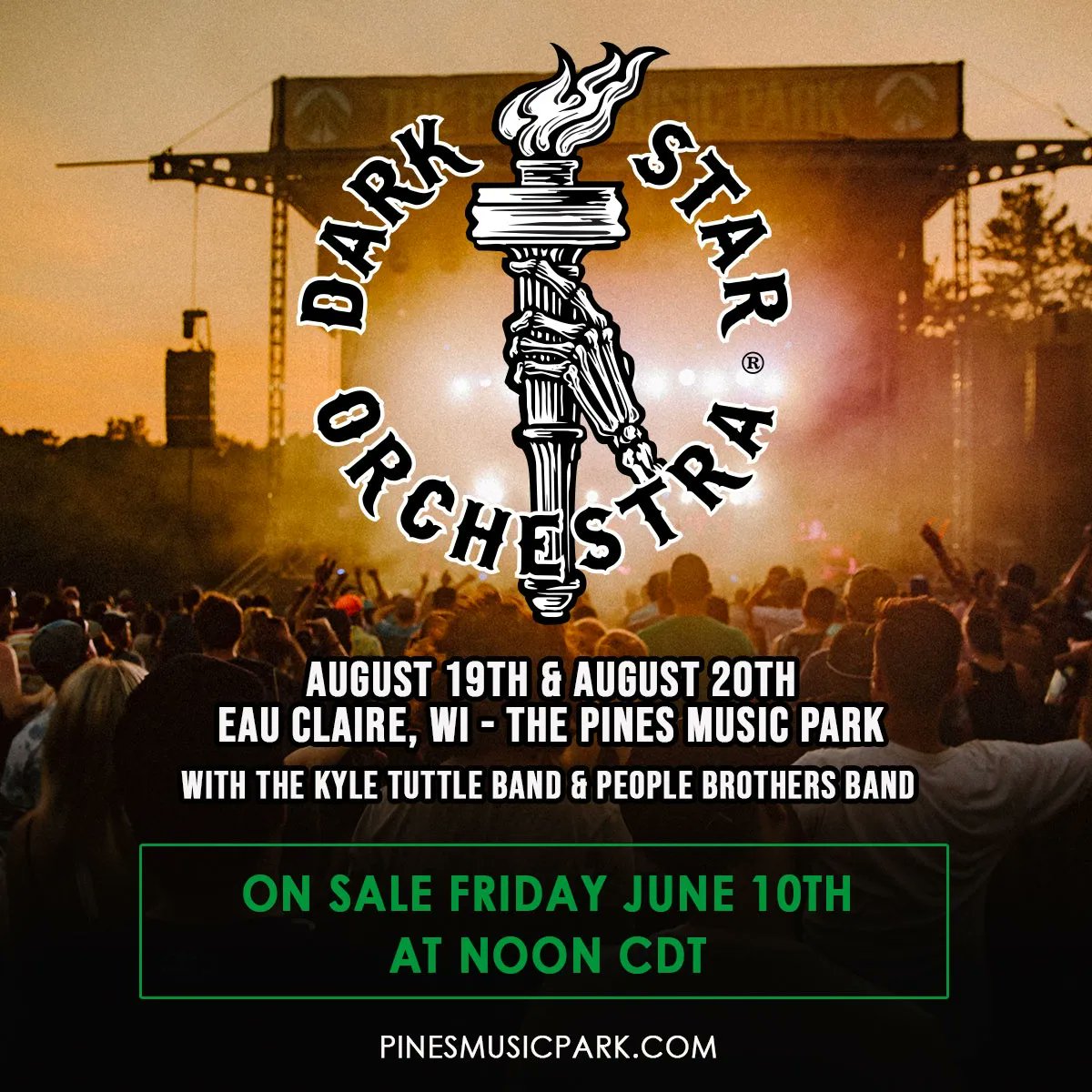 thepines_ec's tweet photo. *𝗝𝘂𝘀𝘁 𝗔𝗻𝗻𝗼𝘂𝗻𝗰𝗲𝗱* @darkstarorch will celebrate the Grateful Dead Experience for two nights at the Pines Music Park in Eau Claire, WI August 19th &amp; 20th. 

Tix on Sale 6/10 @ Noon CDT https://t.co/2DdR88yEw2 https://t.co/aMkjFItPeG