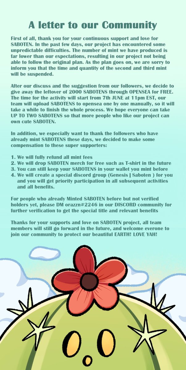 saboten20220412's tweet photo. ⚡️⚡️FREE Give Away the leftover of 2000 SABOTENS.
❤️❤️Fully refund+Airdrop+Gensis title for supporters.

Adopt SABOTEN from OPENSEA！
https://t.co/Uh3GpKxq5D

🌲🌲Join our community to protect environment together！

#NFT #NFTCOMMUNITY #FREENFT #FREEGIVEAWAY #FREEMINT https://t.co/AXzbquQsg2