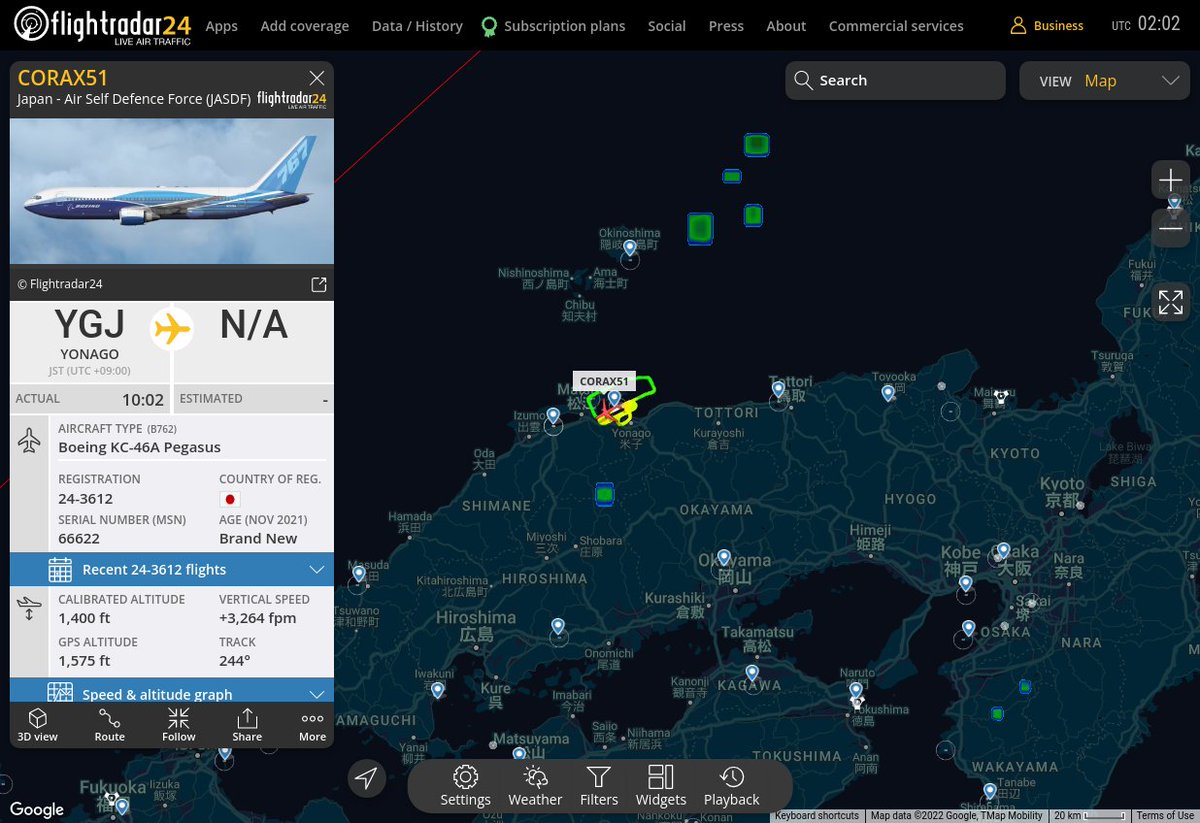 MULTI FR24 CIRCLING ALERT : At time Wed Jun  8 03:00:05 2022 #CORAX51 was likely to be circling at FL12 5nm from YVE Yonago_VOR-DME_JP
 near 松江市, 島根県, 日本 #AvGeek #ADSB flightradar24.com/CORAX51/2c28a9…