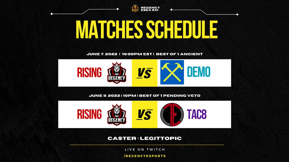 LIVE: Regency Rising vs Demolition - de_ancient 
GLHF twitch.tv/regencyesports