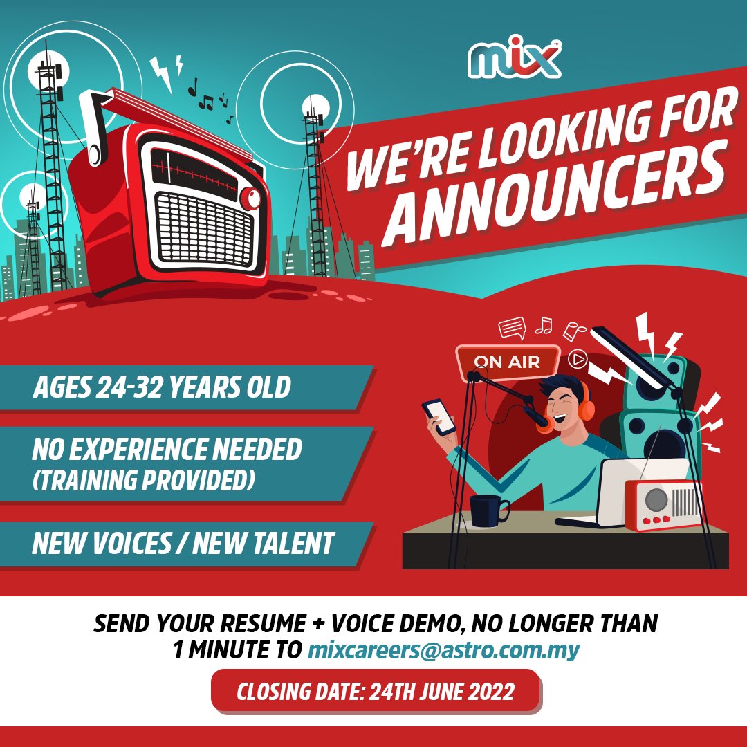 mixdotmy's tweet photo. 🚨WE’RE HIRING!!!🚨
MIX Fm is looking for new announcers 🙌🏼 If you or someone you know is interested to be part of the radio world and become one of our Announcers, submit your CV NOW!
More info on https://t.co/BYQuxiti4o
#MIXShares https://t.co/WuKoyTjJ1U