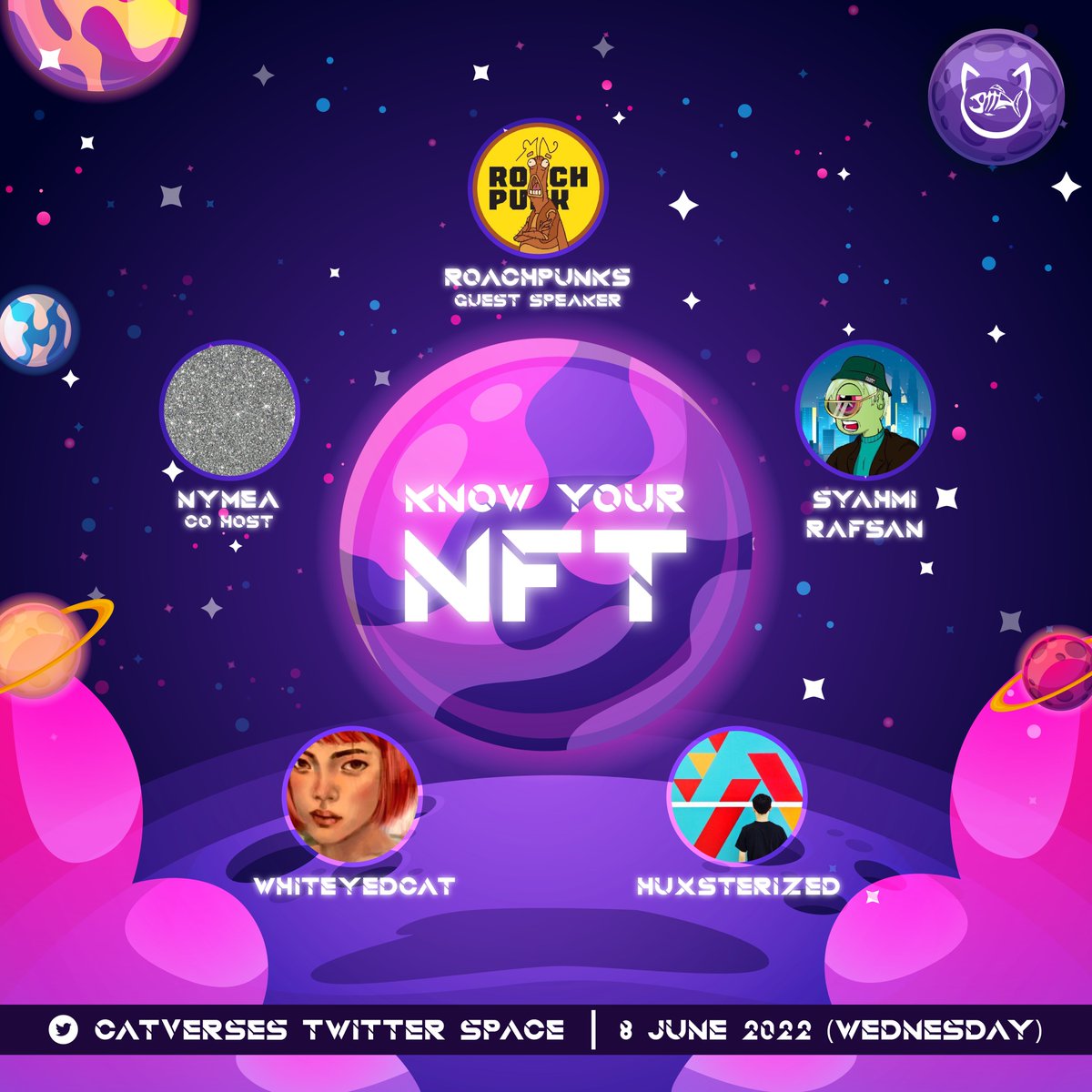 Set your reminder for tonight! 

Know Your Asian NFT Creator! 

As usual <a href="/Nymea__/">NYMEA</a> and <a href="/SyahmiRafsan/">Syahmi Rafsanjani</a> will co hosting and who do we have this week? 👀

I ask to postpone with @RoachPunks but he said no. So this is this week line up! 

@RoachPunks <a href="/huxsterized/">Huxsterized 📸</a> and <a href="/whiteyedcat/">whiteyedcat yakinikween ♡ 🇵🇸🍉</a> 

Pur