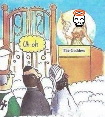 hereticparty's tweet photo. No idea who the original artist was. The Abrahamic religions have really gone all-in on subjugating women. Big risk. The alternative was to treat everyone with compassion and dignity.
Does god have a sweet dong? #askingtherealquestions
.
#hereticparty #postreligious #podcast https://t.co/pPwkidXYO3