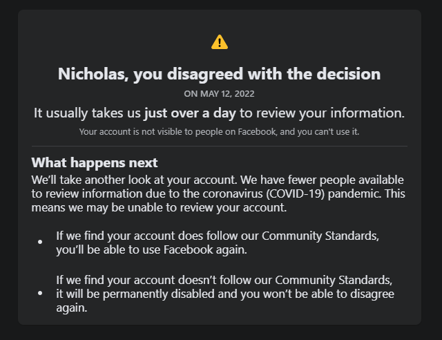 So my <a href="/facebook/">Facebook</a> got hacked on 5/12 &amp; I appealed immediately. Facebook STILL hasn't reviewed despite it "usually taking just over a day". And this morning, I got my credit &amp; debit card stolen. It'd be nice if there was at least a number to call. Would never happen under <a href="/elonmusk/">Elon Musk</a>.