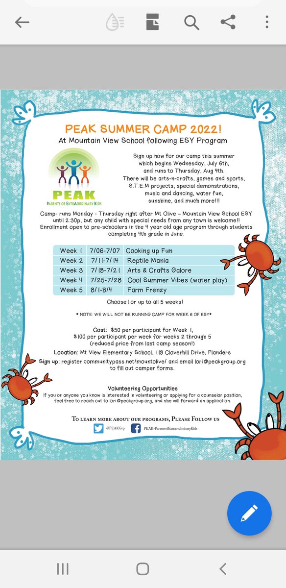 PEAK camp is right around the corner so don't forget to sign up! 

💙💙Pre-K to 4th at Mt View after ESY. See Blue flyer attached for all the details. 

💚💚5th-12th at Drakes Brook Park after ESY. See green flyer attached for all the details.