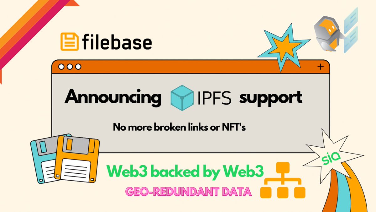 IPFS's tweet photo. .@Filebase now supports IPFS! 

This new network integration allows files published onto IPFS using Filebase to be stored on the larger @siafoundation network — this makes the data easily accessible and geo-redundant. 

Find out how to publish data: https://t.co/FL806RW6KX https://t.co/DJgeC9i6qh
