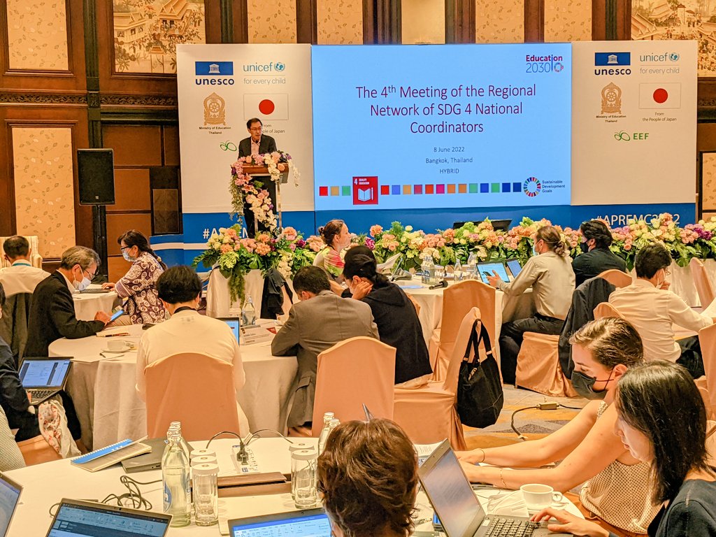 PeterPausk's tweet photo. Discussing ways to translate commitments into action with 21 national SDG 4 Coordinators from across Asia Pacific. Welcome by Mr Shigeru Aoyagi, Director, UNESCO Bangkok #AccelerateSDG4 #SDG4 #APREMC2022 #TransformingEducation @TransformingEdu @Education2030UN @unescobangkok https://t.co/5aV1xcKnR4
