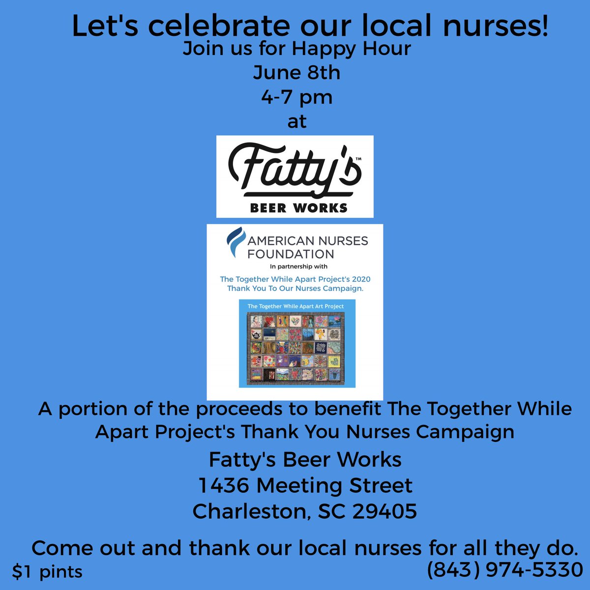 deanevbowers's tweet photo. Come celebrate our local nurses! If you live in the #chs area, please stop by Fattys Beer Works on June 8th from 4-7. We want to show our local #nurses that we appreciate all they do! #nursesarethebest #thankyounurses #scnurses https://t.co/a4E71IKsgY