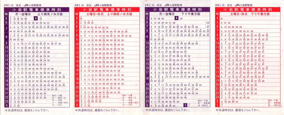 JR-小岩駅(H8.3.16改正版) ※片側4面で広告は地元店舗です。1面は表紙兼
