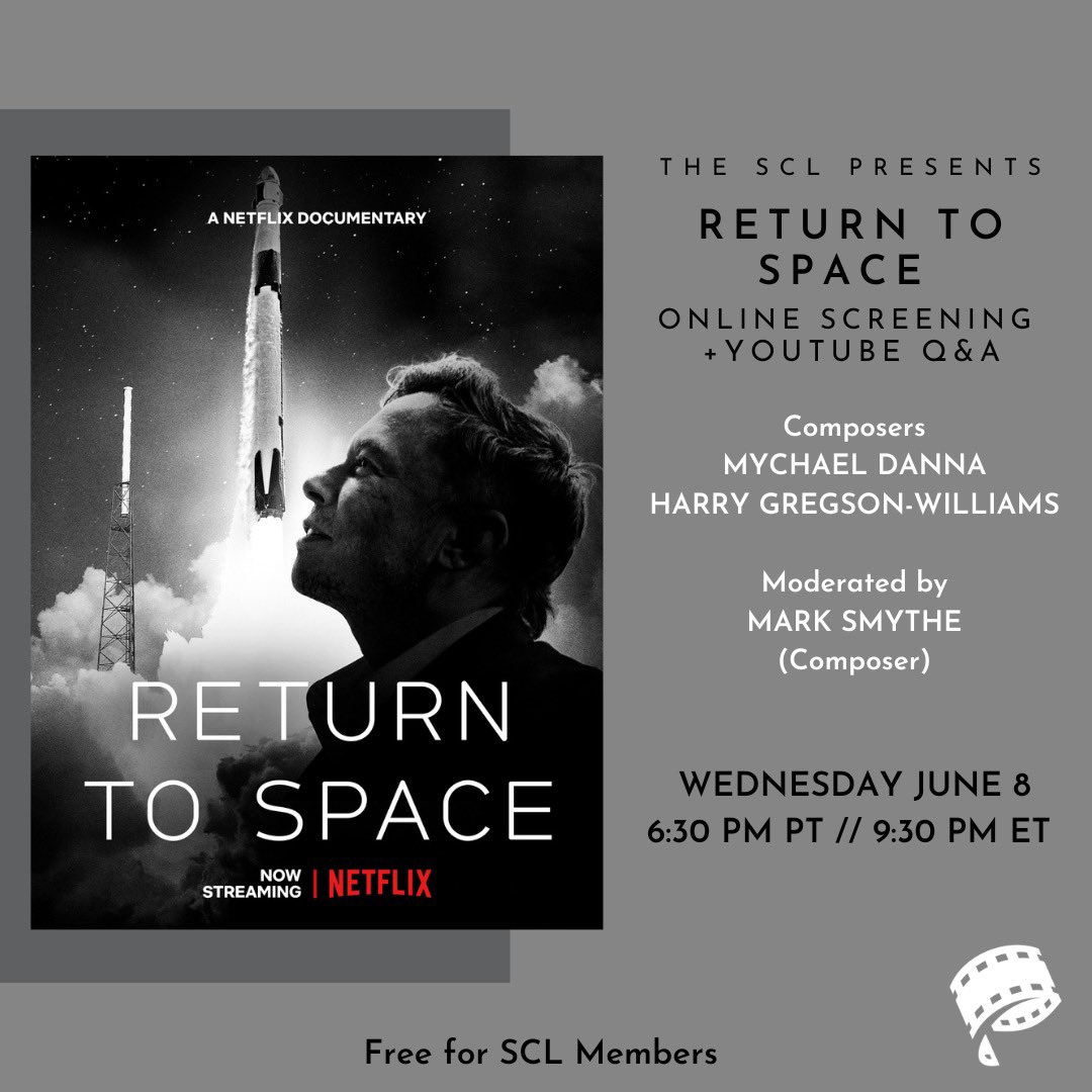 The_SCL's tweet photo. Tomorrow, WEDNESDAY 6/8, we are so excited to present an online screening RETURN TO SPACE followed by a Youtube Live Q&A with Composers MYCHAEL DANNA & HARRY GREGSON-WILLIAMS, moderated by MARK SMYTHE.
#returntospace #mychaeldanna #harrygresonwilliams #screening #thescl #sclny https://t.co/xDnwXSjqH7