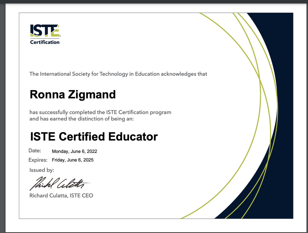 rzigmand's tweet photo. #istecert I am so excited to announce that I am now an ISTE Certified Educator! It was an enormous challenge and a lot of hard work but well worth the effort as it has given me a new found confidence as an educator! https://t.co/DuHoPfRUyT