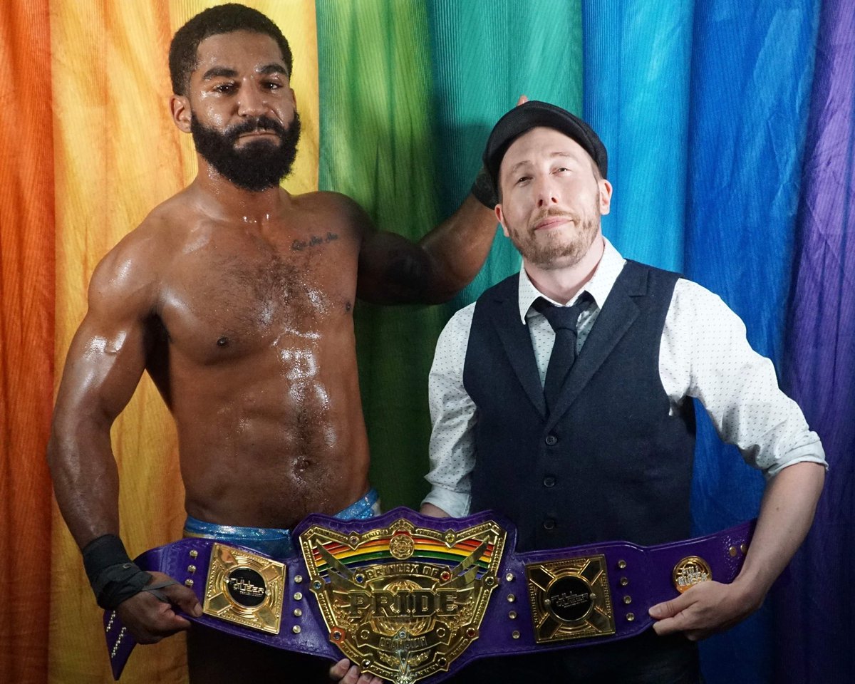 KilljoyDesigns's tweet photo. I could say a lot of things about this but I think my face says enough. I couldn’t be happier to see the top notch talent of @KEiTAyourHeart to be the first to hold this belt and I can’t wait to see him defend it. Thank you @MarcoMayur51 #FullQueer #KilljoyDesigns #BoyhoodDream https://t.co/CUCWg0dReF
