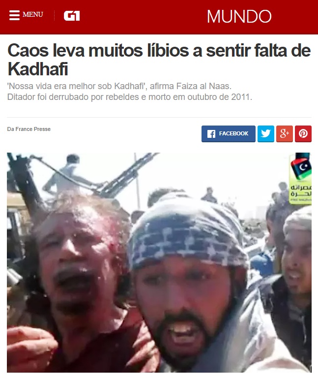 Em 20 de outubro de 2011, após 8 meses de conflito, Kadafi foi capturado e morto por opositores, apoiados pelas potências ocidentais. A intervenção deixou dezenas de milhares de civis mortos, fez colapsar as instituições e destruiu toda a infraestrutura do país.26/27