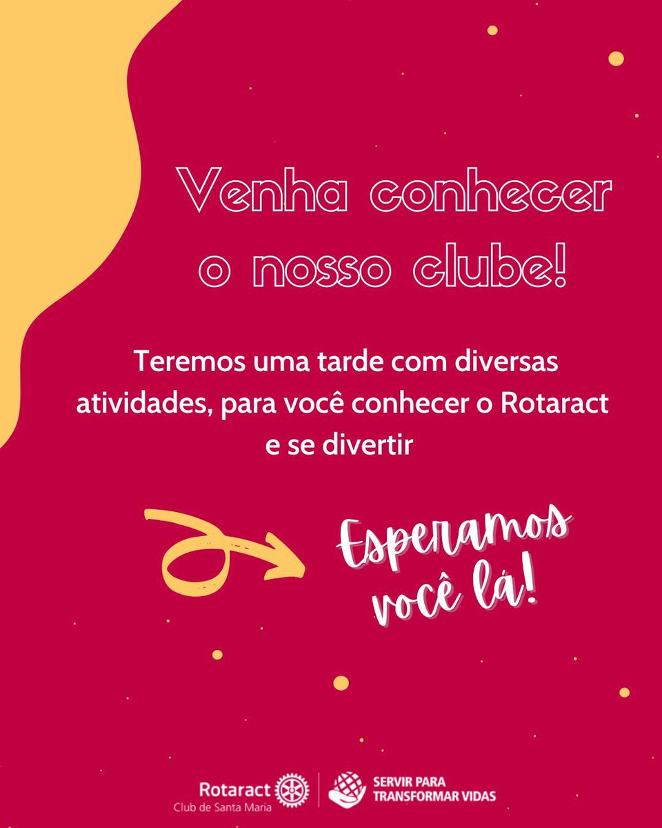 rotaractsma's tweet photo. Oiii galera, o Rotaract Club de Santa Maria vem hoje fazer um convite muito especial, nesse sábado (11/06) iremos realizar o nosso "Dia do Convidado" que acontecerá na UFSM a partir das 14h30!
Se você tem interesse em desenvolver suas habilidades de liderança, realizar projetos… https://t.co/clHvW1PczH