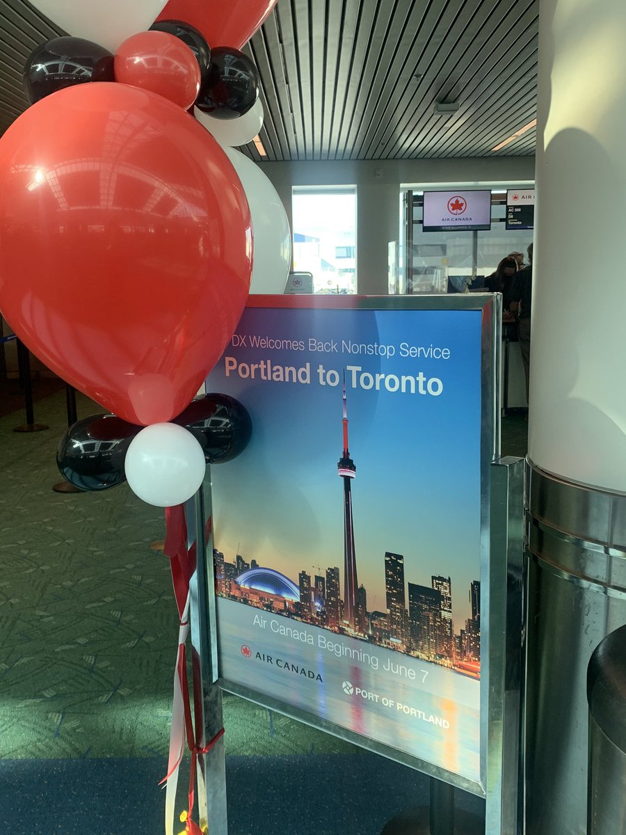 mariagbenson's tweet photo. @AirCanada is back flying non-stop Portland to Toronto!!  So thrilled to re-launch this route with @sonja_harvey today.  Air Canada….to Canada and Beyond!  #ACinUSA2022 https://t.co/PxqCyra5dy