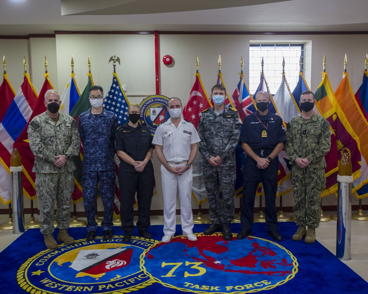 Rear Adm. Philip Sobeck, Japan Maritime Self-Defense Force Cmdr. Kentaro Tamada, Royal New Zealand Navy Cmdr. Karen Bleakley, French Navy Cmdr. Jeremy Bachelier, Royal Australian Navy Capt. Brendan Horn, Royal Navy Cmdr. Tim Hutchins and Rear Adm. Mark Melson in Southeast Asia.
