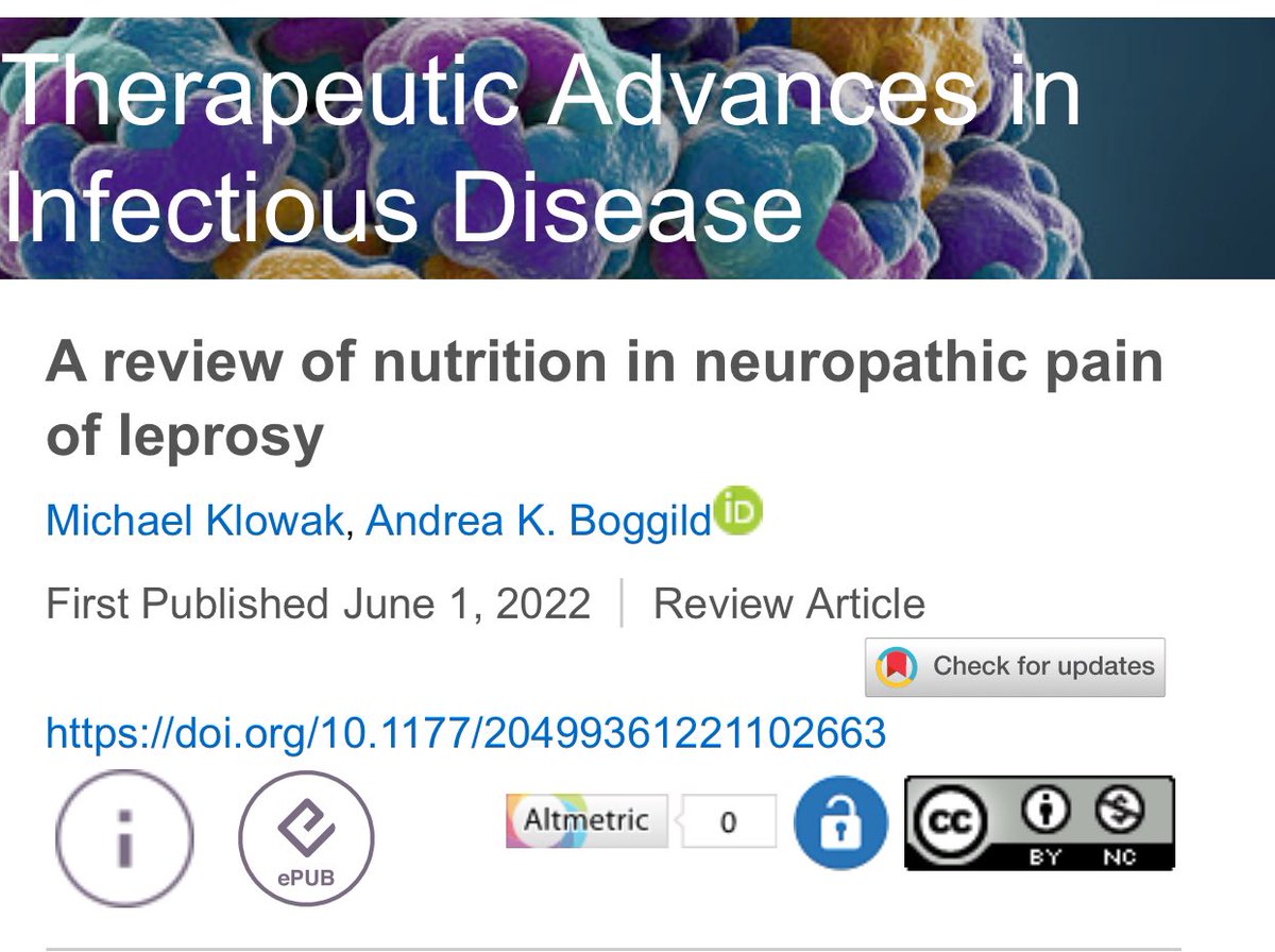 Andrea Boggild, MD (@boggildlab) on Twitter photo ❗️Publication alert❗️Congratulations to <a href="/UofTIMS/">Institute of Medical Science</a> super⭐️ grad student <a href="/MichaelKlowak/">Michael Klowak</a> whose paper on Nutrition in Neuropathic Pain of Leprosy has just come out in <a href="/TAInfDis/">Therapeutic Advances in Infectious Disease</a> 👏🙌🎉🔥 To learn about neuroprotective dietary interventions see👇 #NTDs #Leprosy
journals.sagepub.com/doi/full/10.11… ❗️Publication alert❗️Congratulations to <a href="/UofTIMS/">Institute of Medical Science</a> super⭐️ grad student <a href="/MichaelKlowak/">Michael Klowak</a> whose paper on Nutrition in Neuropathic Pain of Leprosy has just come out in <a href="/TAInfDis/">Therapeutic Advances in Infectious Disease</a> 👏🙌🎉🔥 To learn about neuroprotective dietary interventions see👇 #NTDs #Leprosy
journals.sagepub.com/doi/full/10.11…