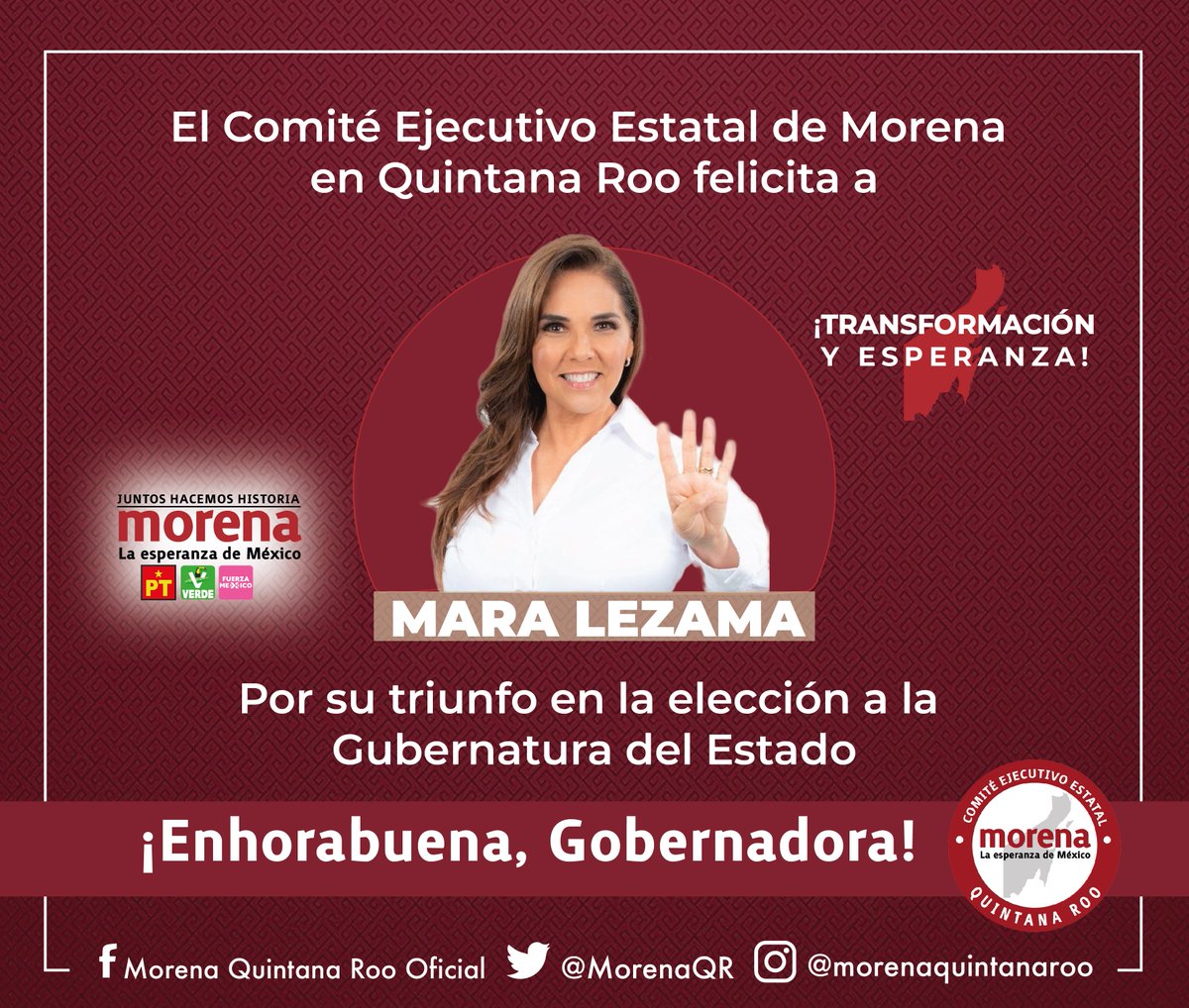 ¡Viva la Cuarta Transformación en Quintana Roo!

¡Felicidades Mara Lezama!

Nuestro estado se enaltece con la llegada de la primera mujer a la Gubernatura, con experiencia probada y comprometida con las causas sociales ¡Se vienen tiempos de  transformación, esperanza y bienestar!