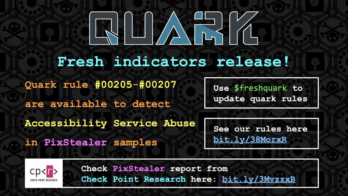 quarkengine's tweet image. 🎉 New quark rules 00205 - 00207 are available to detect accessibility service abuse in #PixStealer.

💡 Use $freshquark to update rules!
💡 Check our rules: bit.ly/38MorxR
💡 See #CheckPointResearch report: bit.ly/3MvzzxB

#MobileSecurity #AndroidSecurity