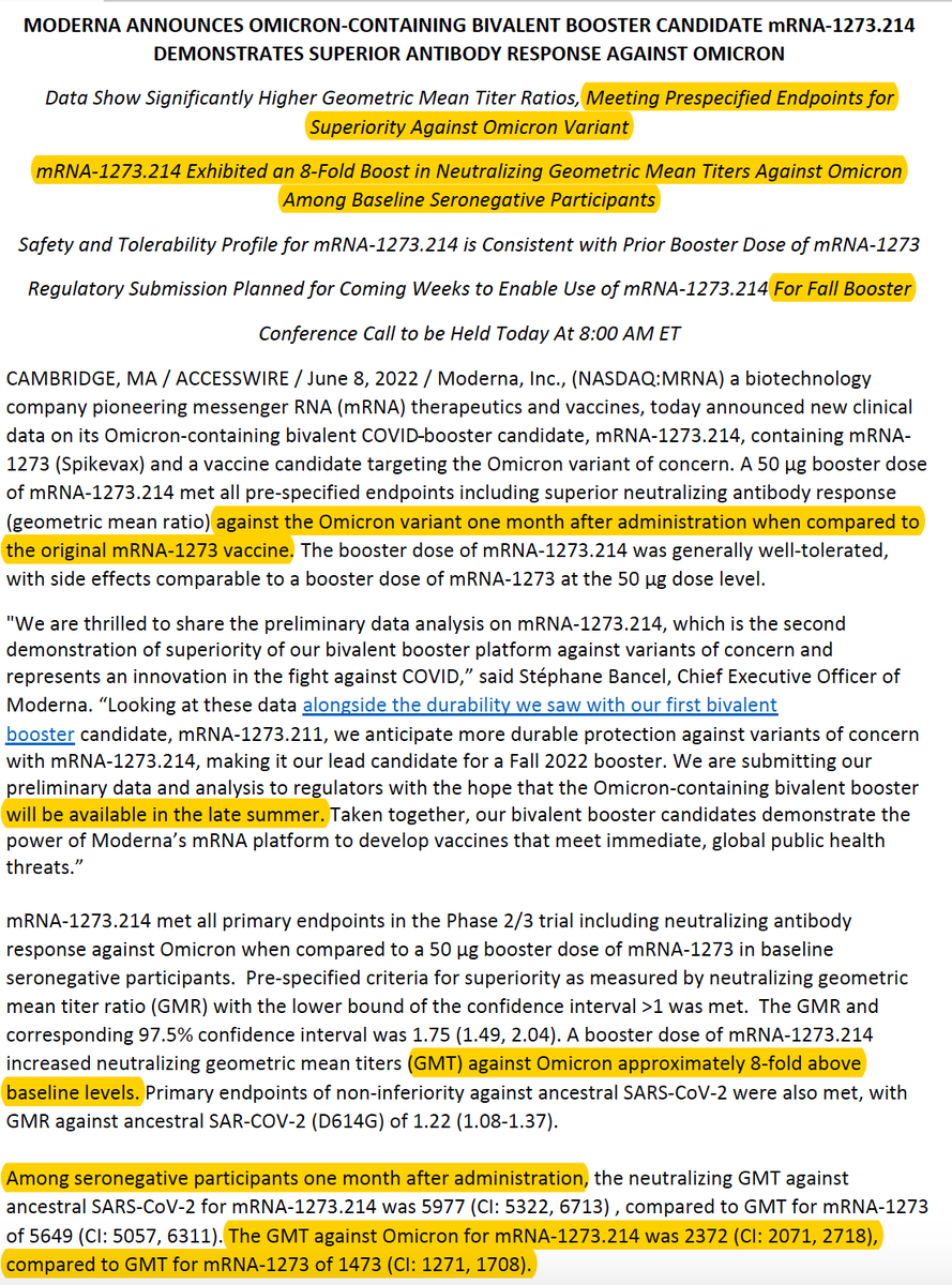 Eric Topol (@erictopol) on Twitter photo An Omicron (BA.1) specific booster hits immunologic and safety endpoints in a Phase 2/3 trial compared with ancestral strain booster, expected to be available in late summer/fall; <a href="/moderna_tx/">Moderna</a> release, attached An Omicron (BA.1) specific booster hits immunologic and safety endpoints in a Phase 2/3 trial compared with ancestral strain booster, expected to be available in late summer/fall; <a href="/moderna_tx/">Moderna</a> release, attached