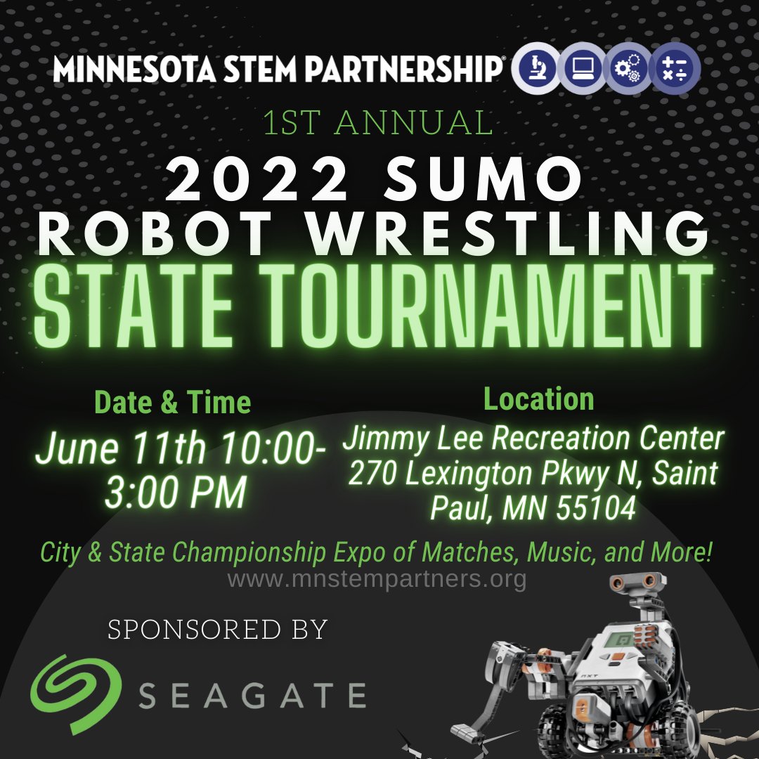 MnSTEMpartners's tweet image. The 1st Annual 2022 Sumo Robot Wrestling State Tournament! 🤖🎉 #EV3 #EV3Robotics #FREE #Minnesota #StPaul #RoboticsTournament #Seagate #Technology #StateChampionship #roboticscompetition #robotics #STEM #LiveDJ #battlebots #StPaulMinnesota #Minneapolis #Seagate