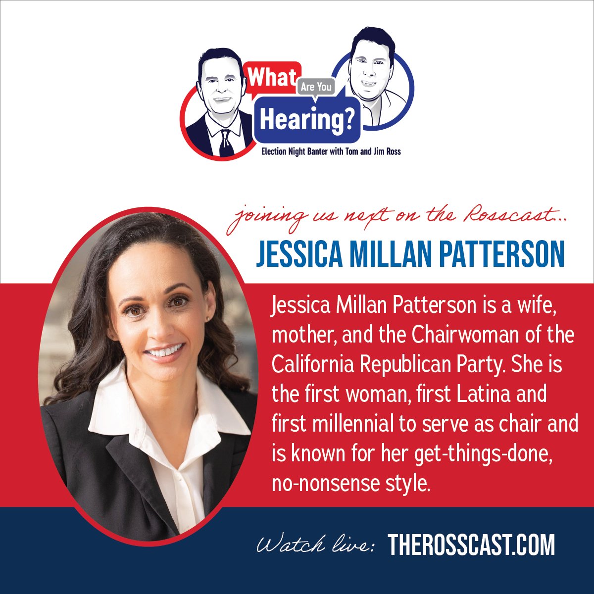 Swing_Strat's tweet photo. GOP Chairwoman @millanpatterson is about to join us, @twitross &amp; @jasross, live on the Rosscast. If there is anybody that can answer the question "What are you hearing?" – it's her. https://t.co/iIBV1Bojwr