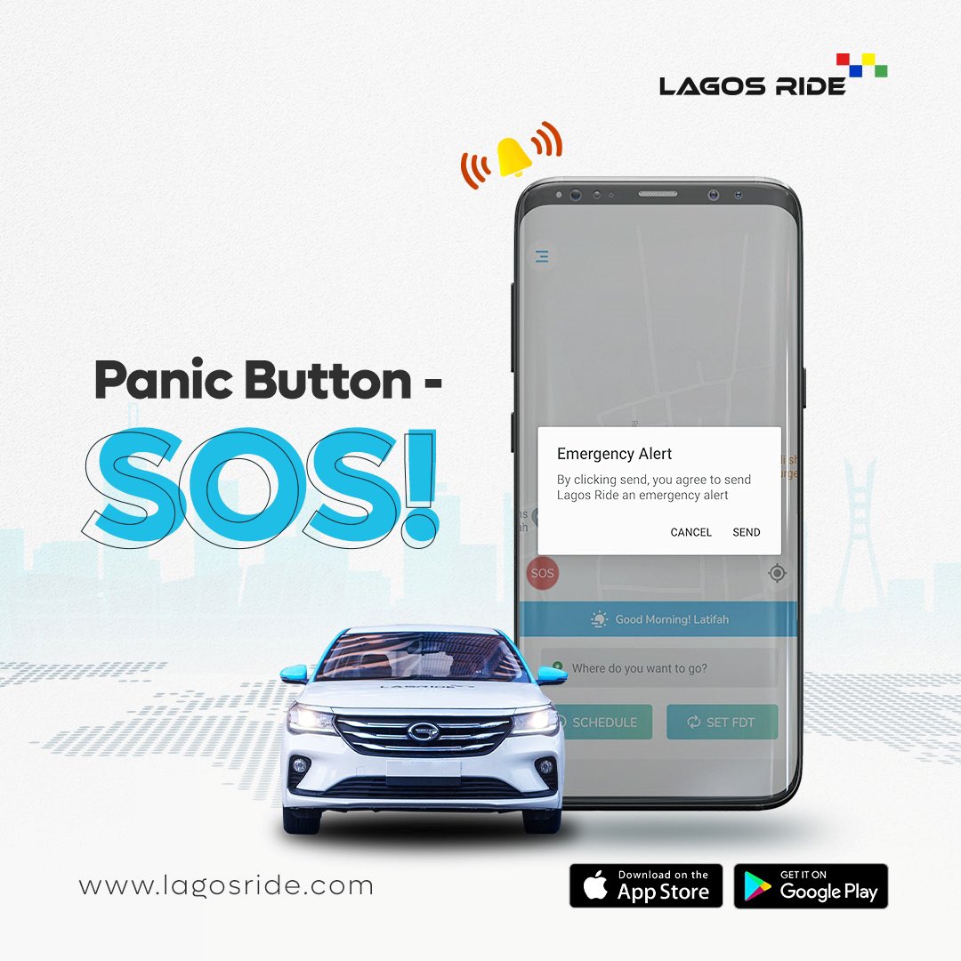 LagrideNigeria's tweet photo. Feeling oddly unsafe?
Just press the SOS button on the app and LagosRide would be notified, ans act accordingly.
Lagos is safer with LagosRide.
#safetyinlagos #saferide #sosinlagos #ridewithstyle #lagosridefeatures #transportationinlagos #lagosride #lagos https://t.co/v7TPjGuLo4