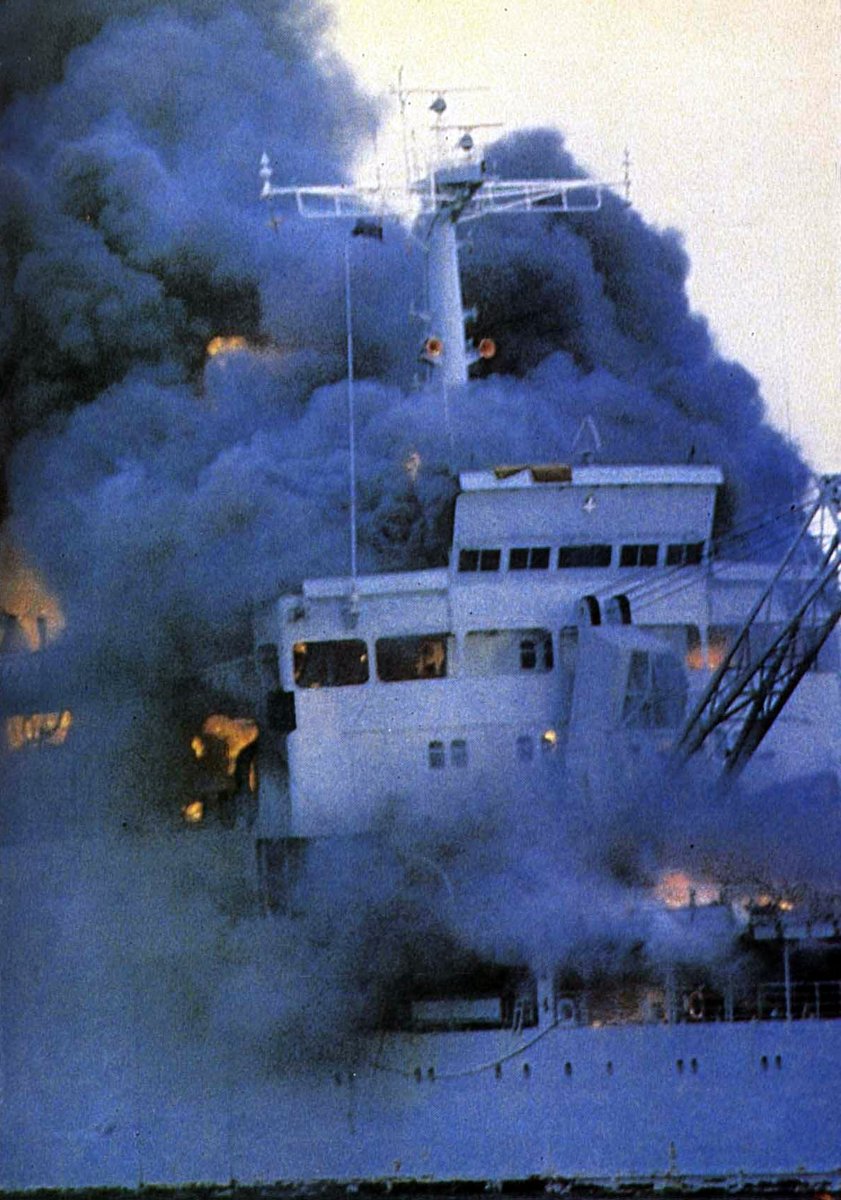 RNRMC's tweet photo. In memory of all lives lost in the attack on RFA support ships Sir Galahad and Tristram, bombed on this day in 1982 by Argentine jets. #LestWeForget

 @RFAHeadquarters #Falklands40 https://t.co/h8TbofRirx